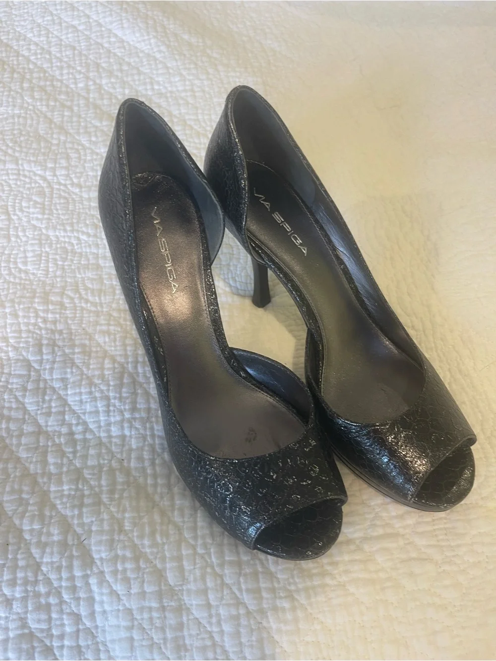 Via Spiga Black Snakeskin Embossed Peep Toe D'Orsay Stiletto Pumps 8.5 Slip On